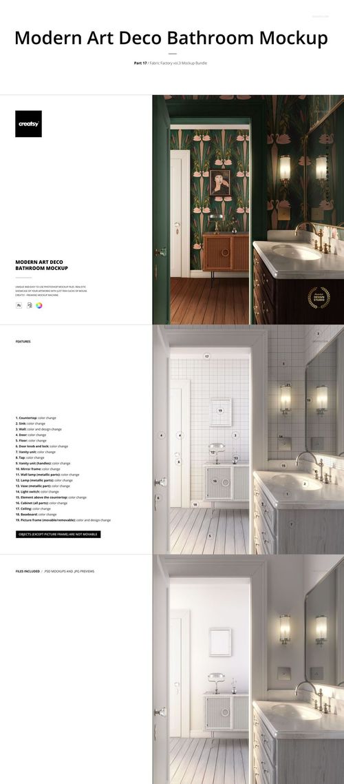 Modern bathroom scene featuring green and white walls, wall-mounted lights, mirrors, and a wooden vanity in a PSD mockup.