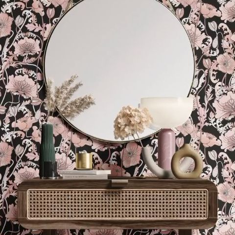 Dressing table mockup featuring a round mirror, decorative vases, and dried flowers against a floral patterned wallpaper.