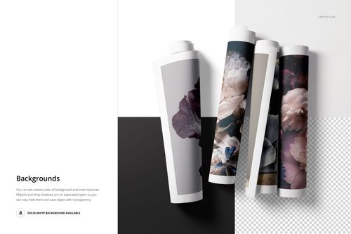 Rolled canvas print mockup set featuring four tubes with botanical artwork, arranged on a two-tone background.