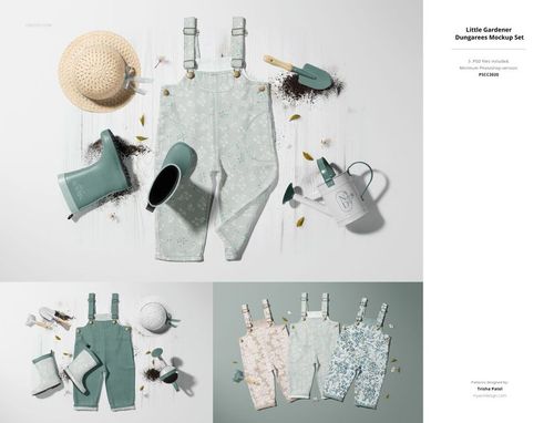 Children's dungarees mockup bundle displayed with gardening accessories, featuring floral patterns and neutral colors.