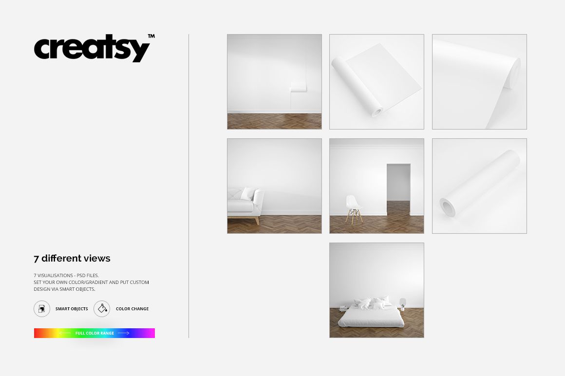 Wallpaper mockup set with seven views showing blank rolls and minimalist interiors with white walls and wooden floors.