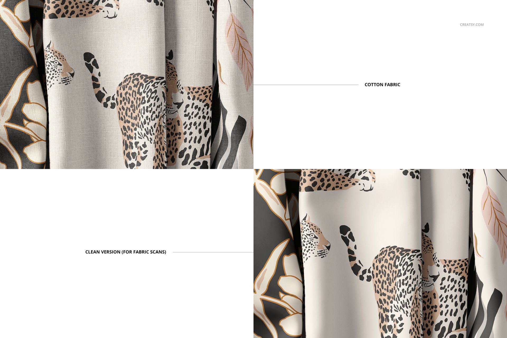 Front view of creased cotton fabric mockup featuring a leopard and leaf pattern in beige, black, and brown tones.