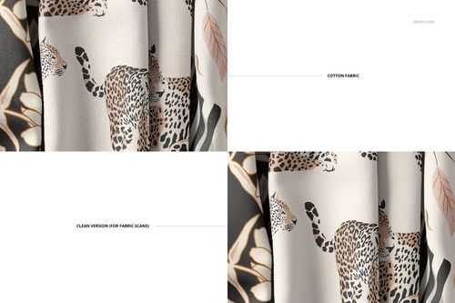 Front view of creased cotton fabric mockup featuring a leopard and leaf pattern in beige, black, and brown tones.
