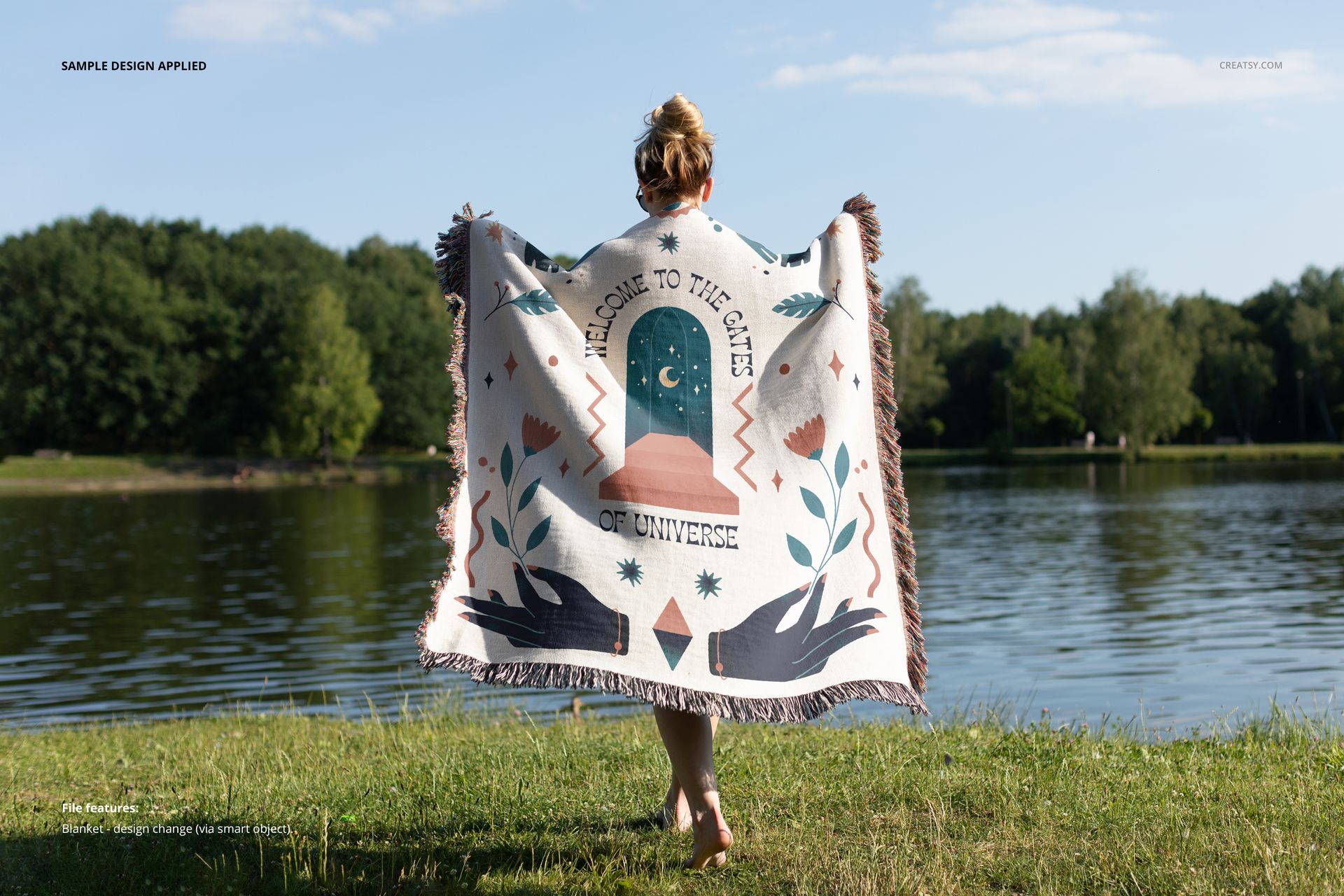 Jacquard fringed woven throw blanket mockup displayed outdoors, featuring geometric designs and fringed edges.