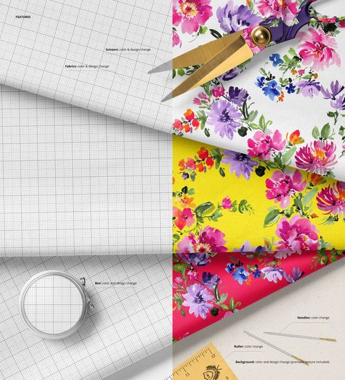 PSD mockup displaying stacked cotton fabrics in bright floral and neutral grid prints, surrounded by sewing supplies.