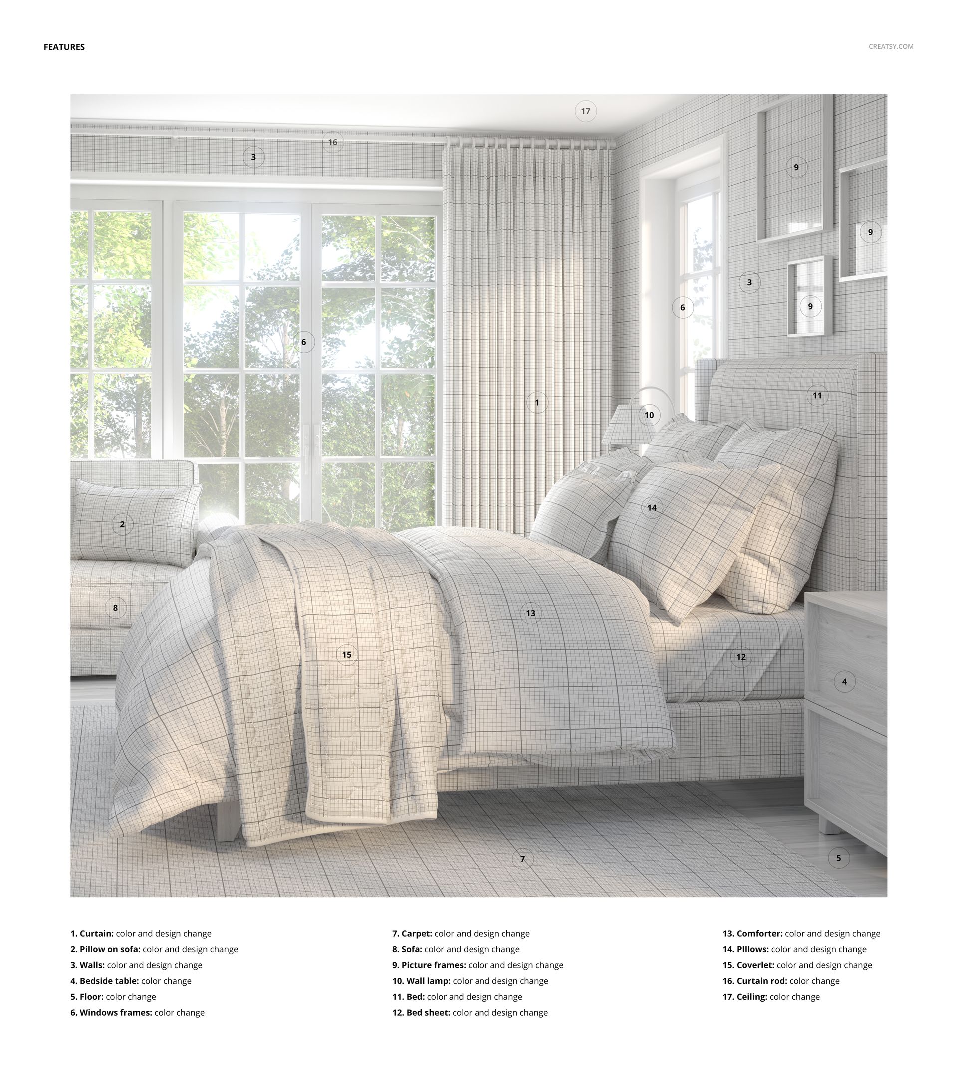 PSD mockup of a sunlit bedroom interior showing a bed with patterned comforter, pillows, curtains, and a large window with greenery outside.