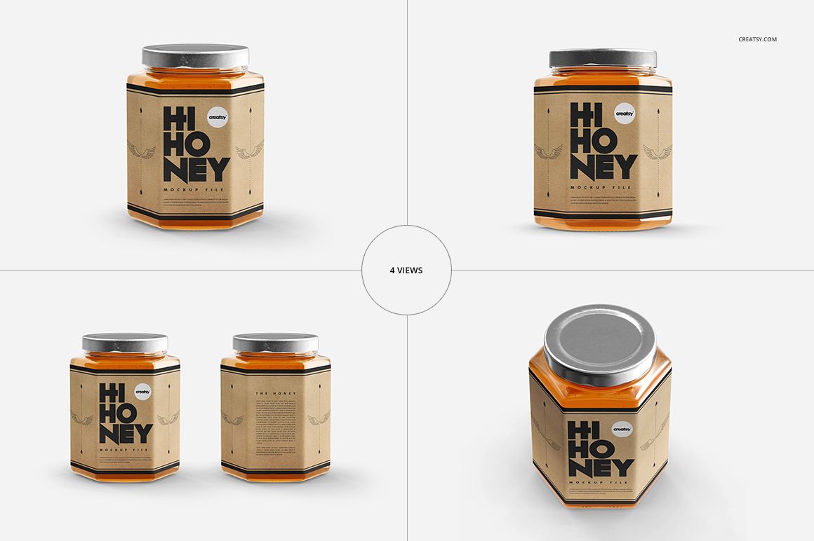 Honey jar mockup featuring a hexagonal glass jar with metallic lid and brown label, displayed in four perspectives.