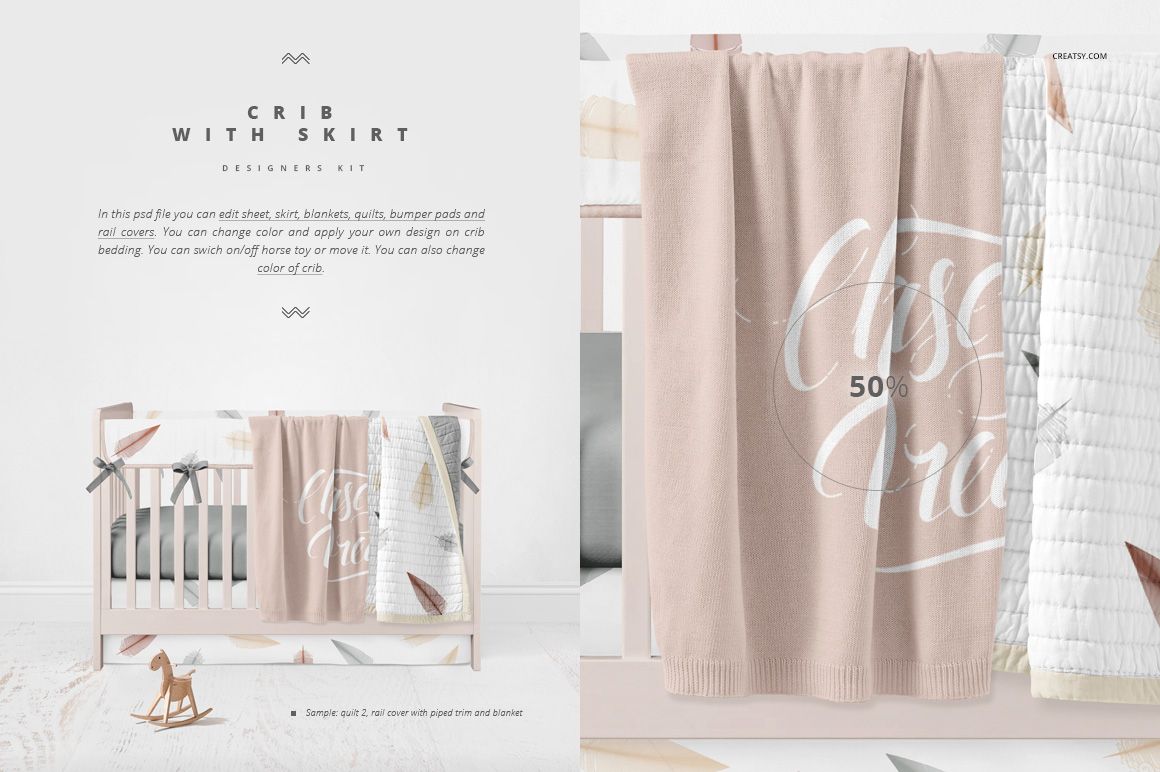 Crib bedding PSD mockup set featuring a pastel crib, patterned blanket, and towels in a light, airy nursery setting.