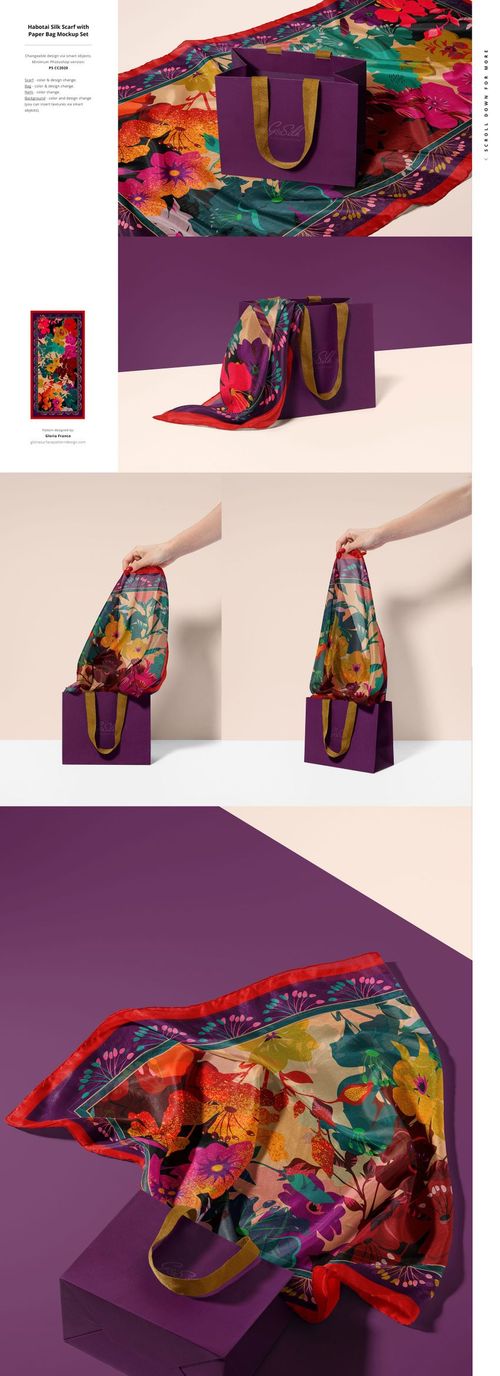 PSD mockup of a habotai silk scarf with bold flower design, styled with a purple bag and hand, photographed in studio.