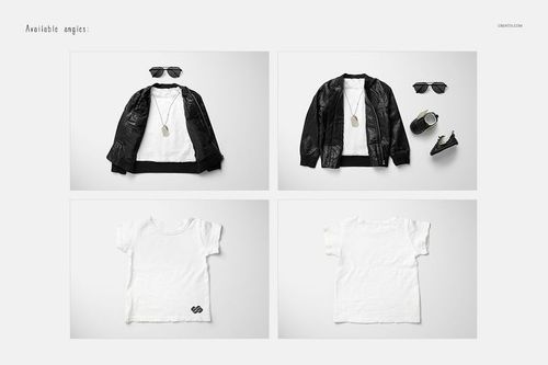 Kids T-shirt mockup set showing front and back views, styled with black jacket, sunglasses, and sneakers.