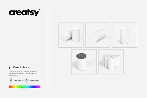 Tin canister mockup set featuring five white cylindrical containers in various angles and arrangements on a light background.