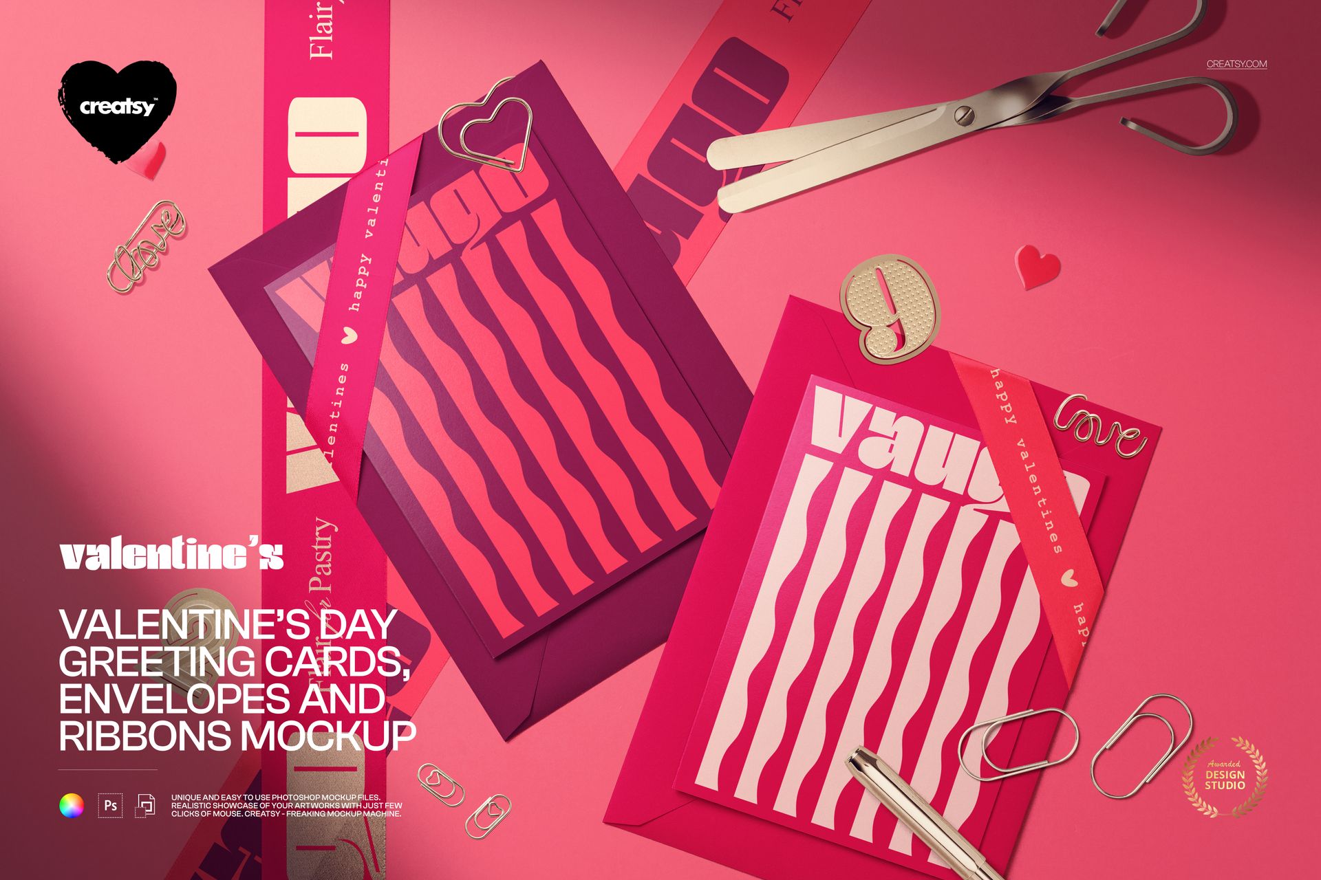 PSD mockup featuring greeting cards, envelopes, and assorted ribbons in pink and red tones arranged on a pastel background.