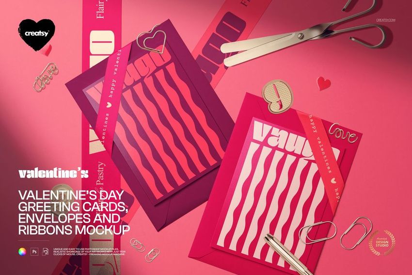 PSD mockup featuring greeting cards, envelopes, and assorted ribbons in pink and red tones arranged on a pastel background.