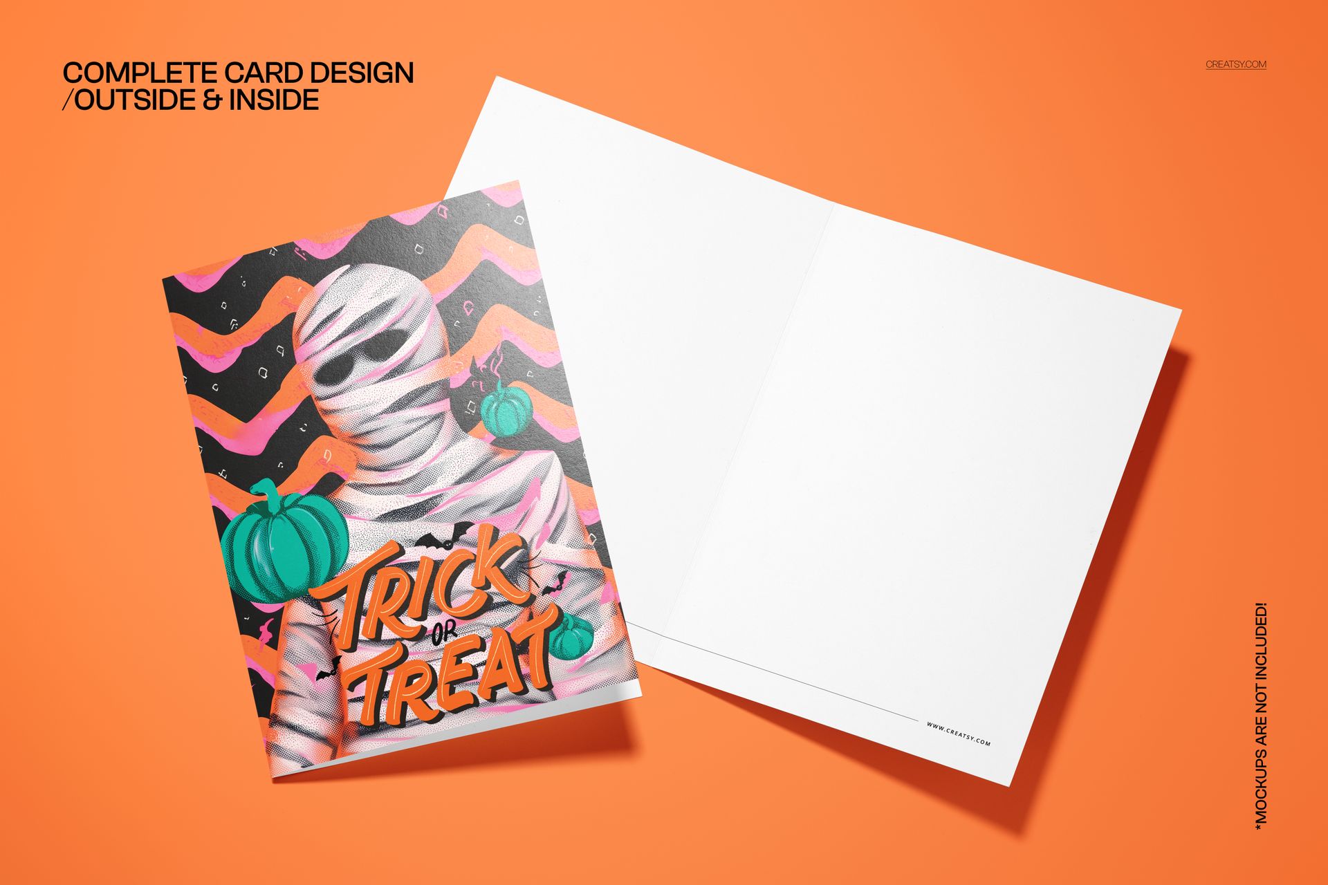 Halloween-themed 5x7 card mockup showing a colorful mummy illustration and pumpkins on an orange background.