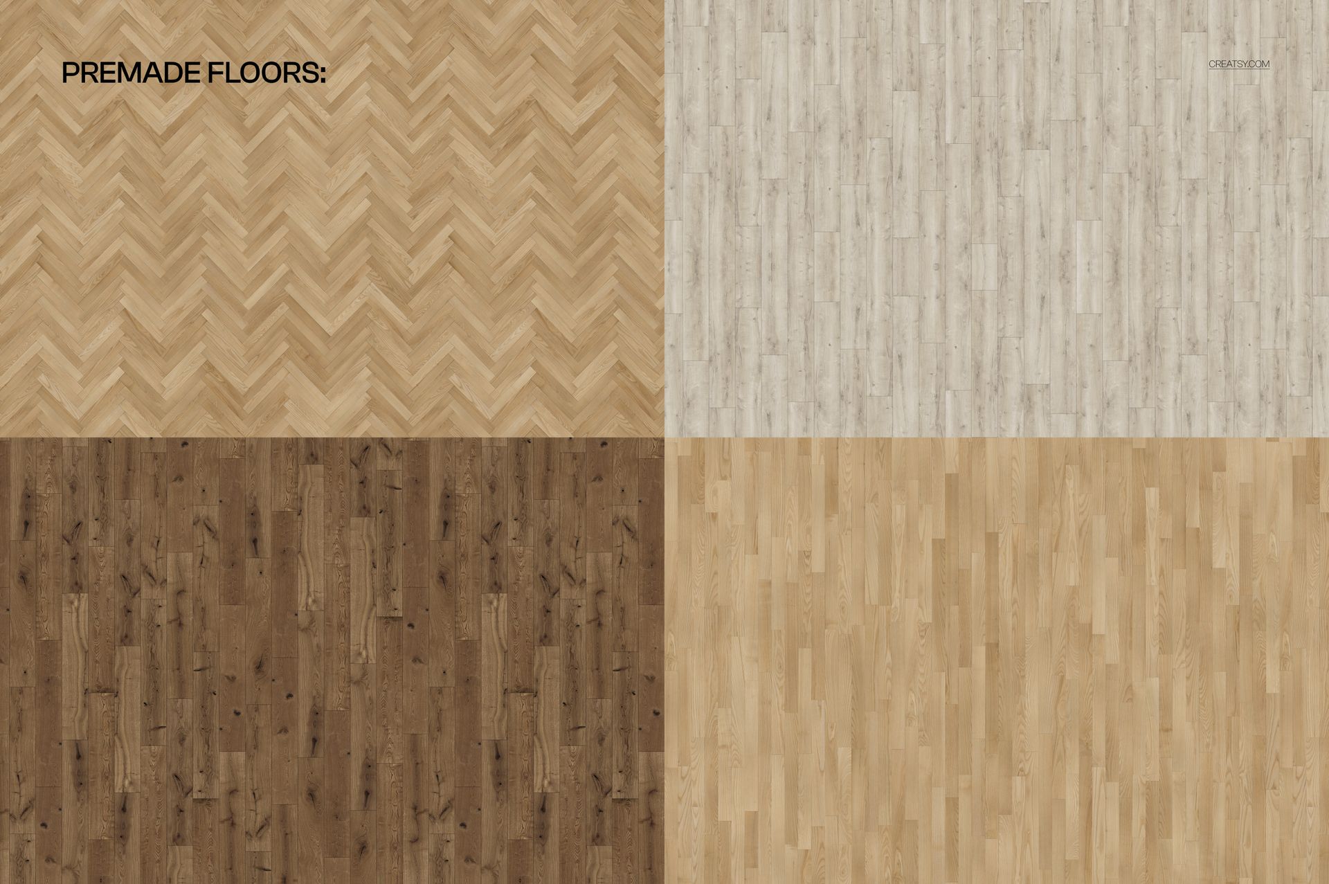 Four wooden floor textures displayed in a grid, each with a different wood pattern and color tone, top view.