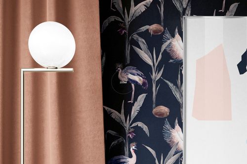 Contemporary room mockup with a spherical lamp, blush curtain, and navy wallpaper decorated with birds and leaves.