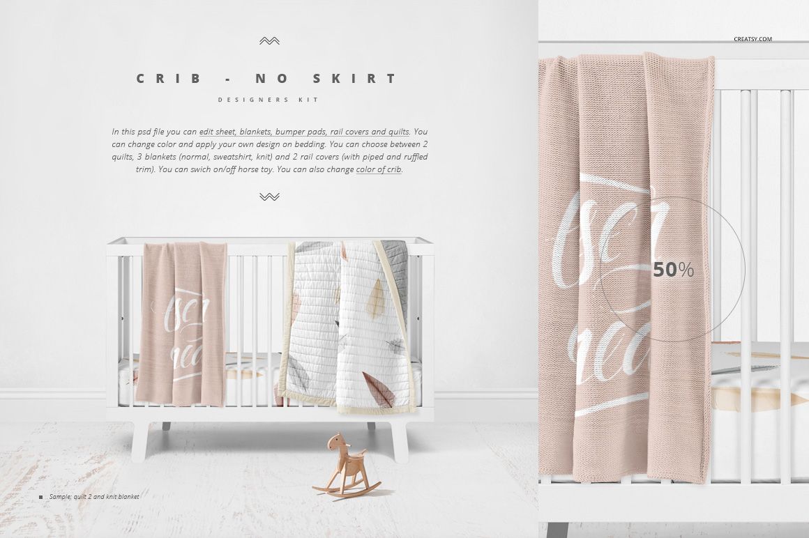 Crib bedding mockup featuring a white crib, pastel blankets, and minimal decor in a bright baby room setting.