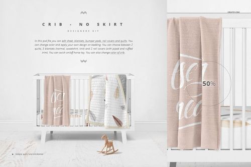 Crib bedding mockup featuring a white crib, pastel blankets, and minimal decor in a bright baby room setting.