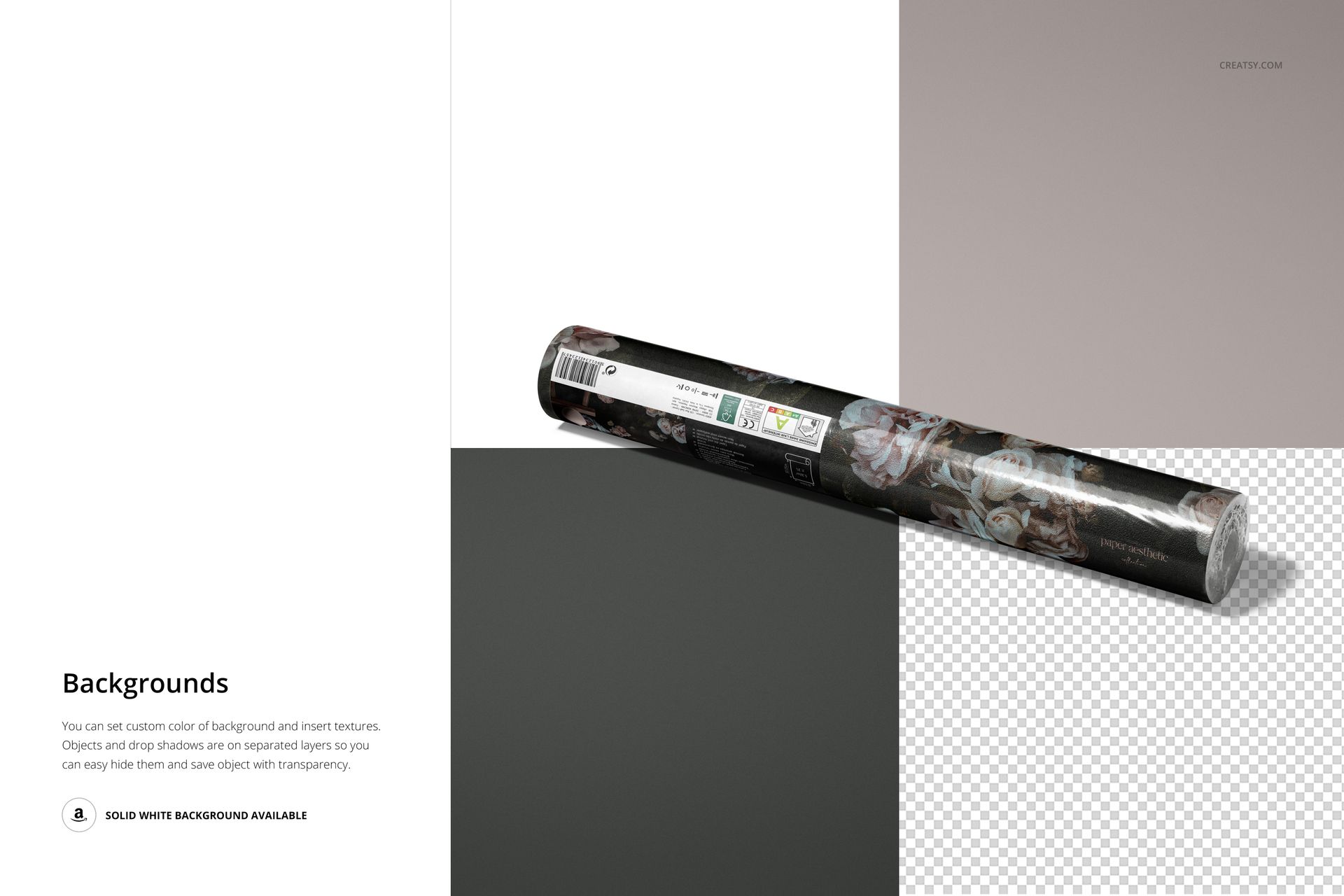 Rolled wallpaper mockup featuring a dark floral design, shown on a divided backdrop with white and gray sections.
