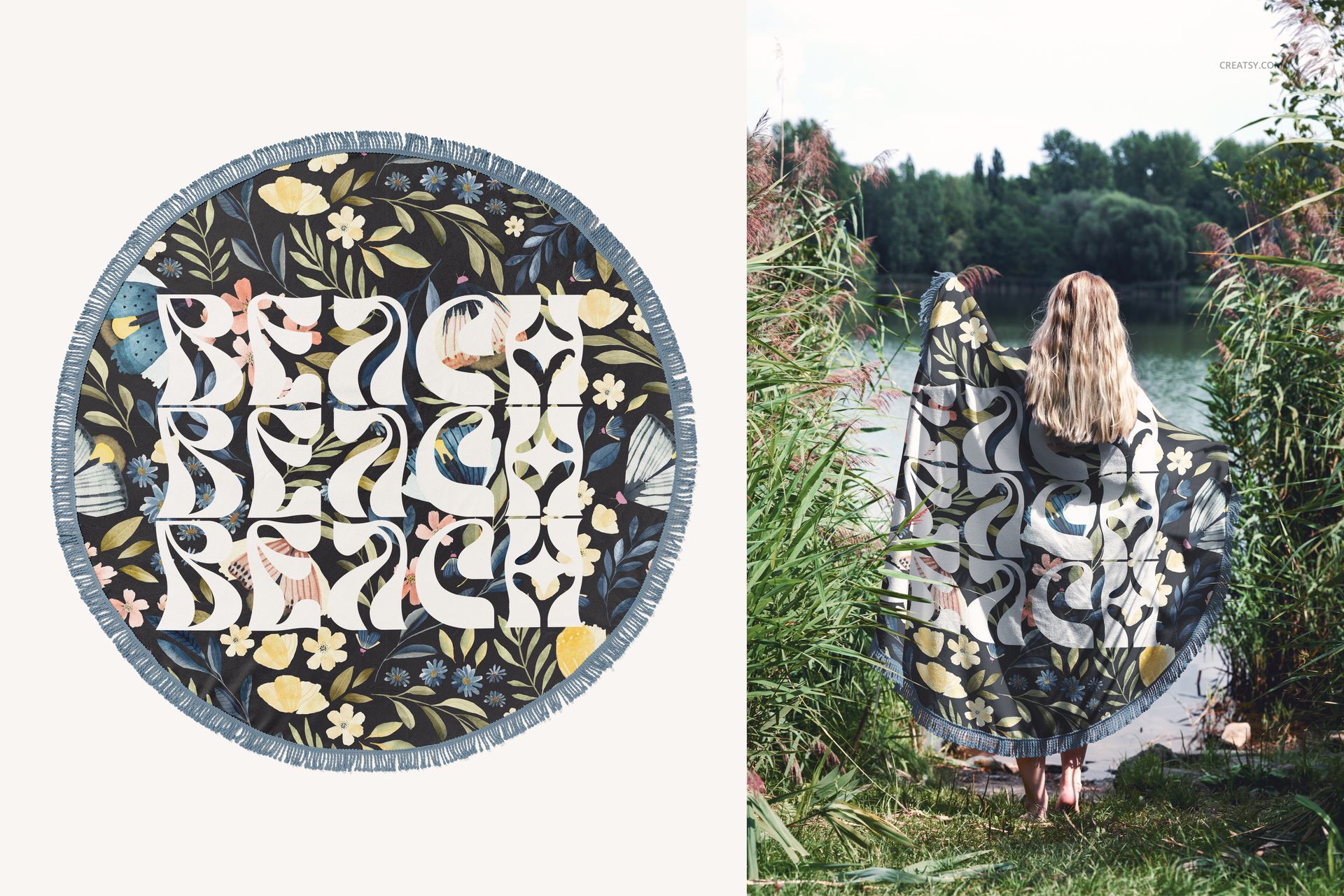 Round fringed beach towel mockup featuring botanical design in blue, yellow, and cream, shown flat and outdoors.