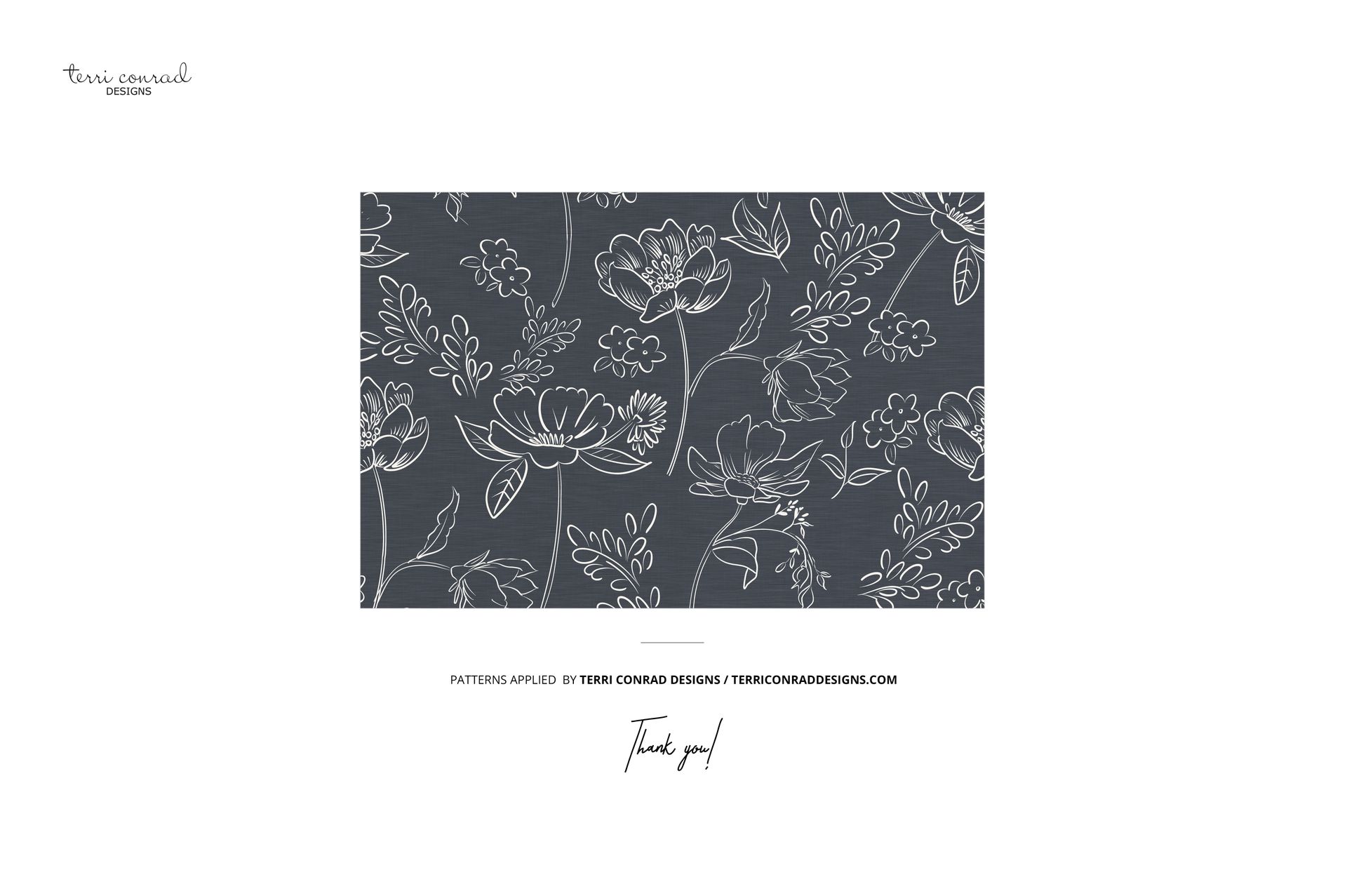 Front view of a ruffled pillow and duvet cover mockup featuring a dark background with white floral line art pattern.