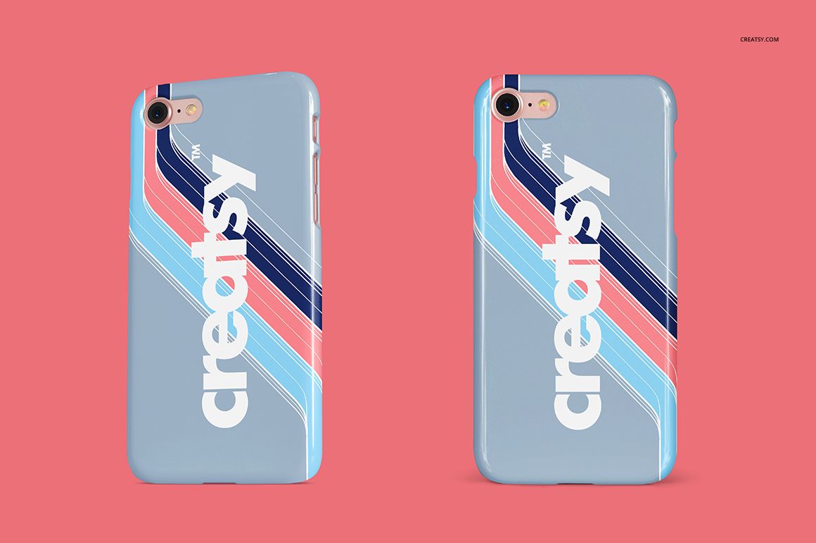 PSD mockup showing two light blue iPhone cases with bold diagonal stripes and white text, displayed on a pink background.