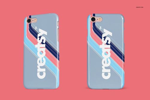 PSD mockup showing two light blue iPhone cases with bold diagonal stripes and white text, displayed on a pink background.
