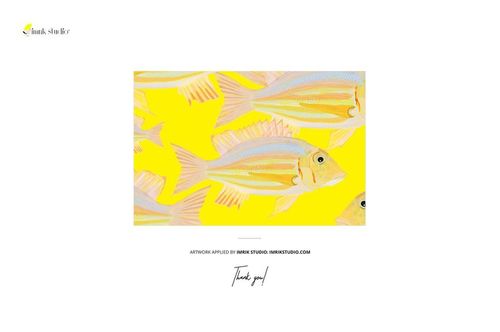 Rectangular mockup with a repeating yellow fish pattern on a bright yellow background, front view, isolated on white.