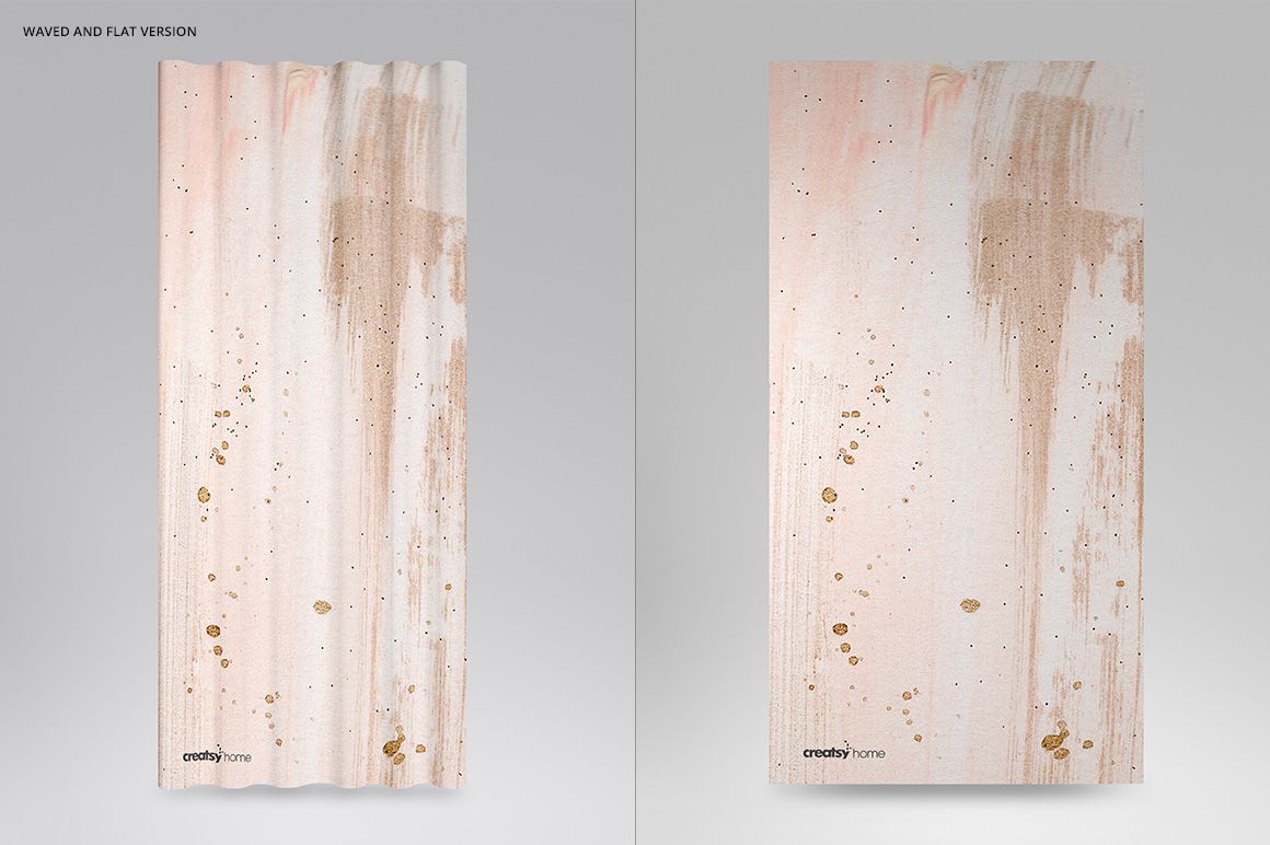 Curtain mockup showing two panels with a beige and blush abstract pattern, front view against a light wall.