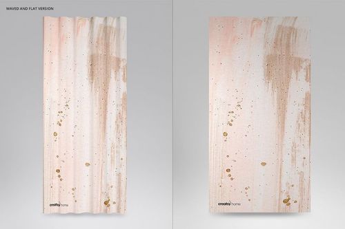 Curtain mockup showing two panels with a beige and blush abstract pattern, front view against a light wall.