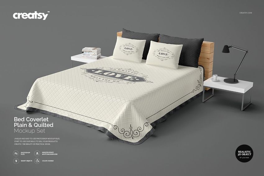 PSD mockup of a quilted bed coverlet featuring a light design, styled on a bed with side tables and pillows.