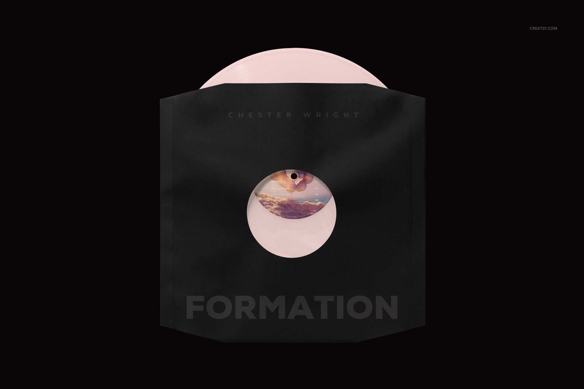 Pink colored vinyl record mockup displayed in a black sleeve with a round window, viewed from above on a black backdrop.