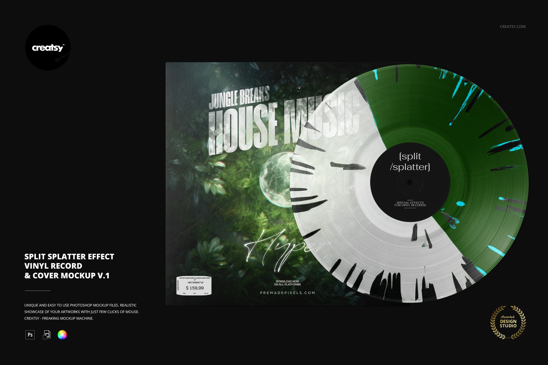 Vinyl record mockup displaying a split splatter pattern in green and white, placed beside a cover with forest graphics.