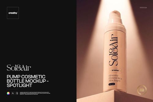 Tall foam pump bottle mockup with minimalist beige design, displayed on a pedestal and illuminated by soft lighting.