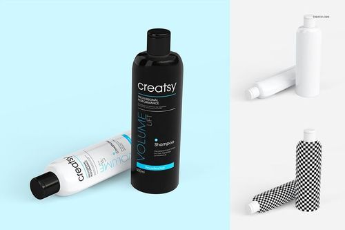 Shampoo bottle mockup set featuring black and white bottles with blue accents, shown on a light blue and white background.