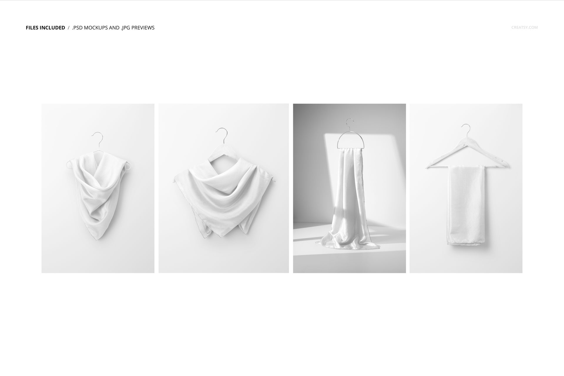 Habotai silk scarf mockup displayed on hangers in four arrangements, shown in a minimal white setting.