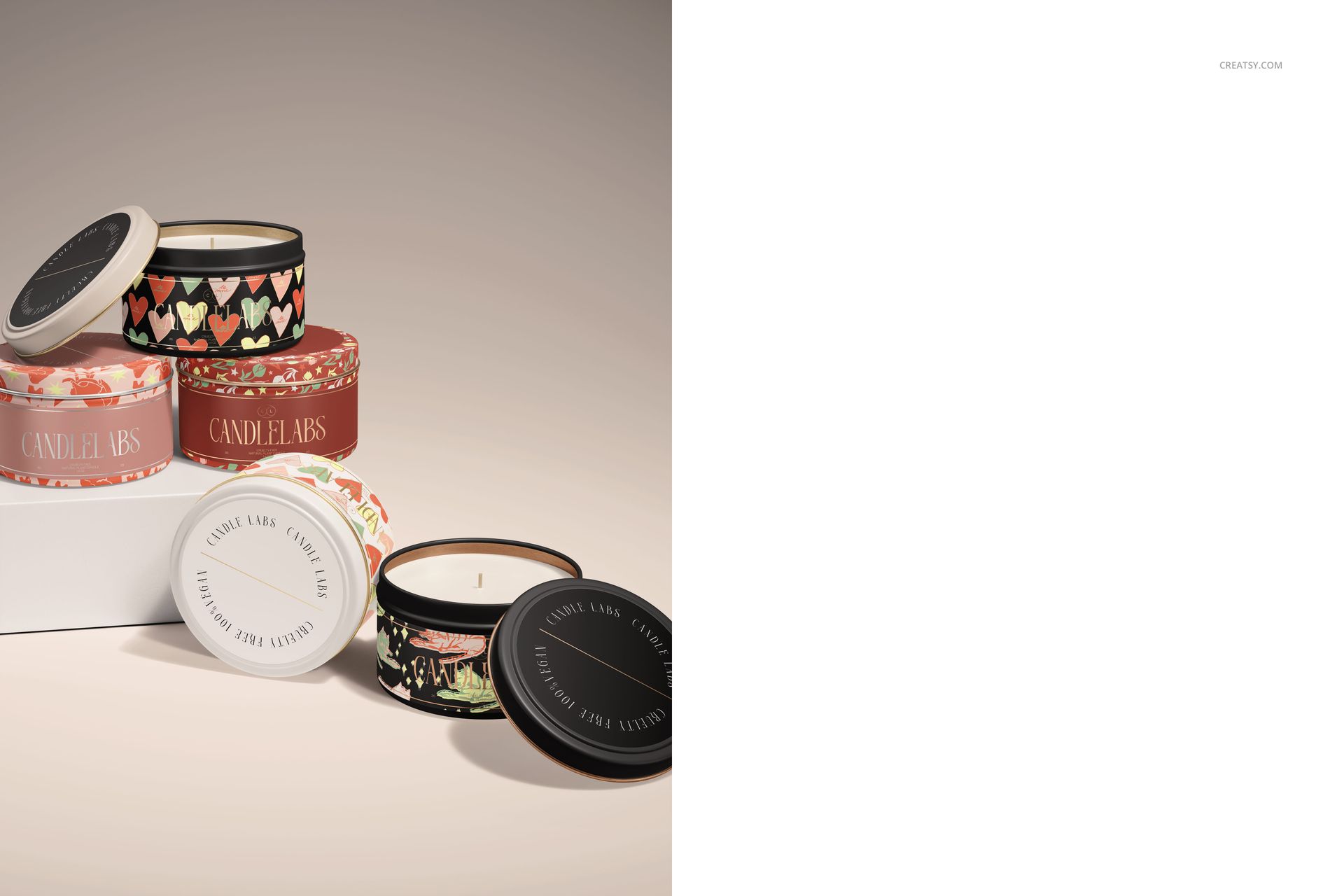 Assorted candle tins with printed lids and cotton wicks, shown in a group on a neutral background, PSD mockup.