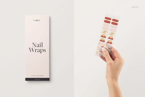 UV gel nail wraps mockup set showing a hand holding colorful nail stickers beside a boxed packaging on a light background.