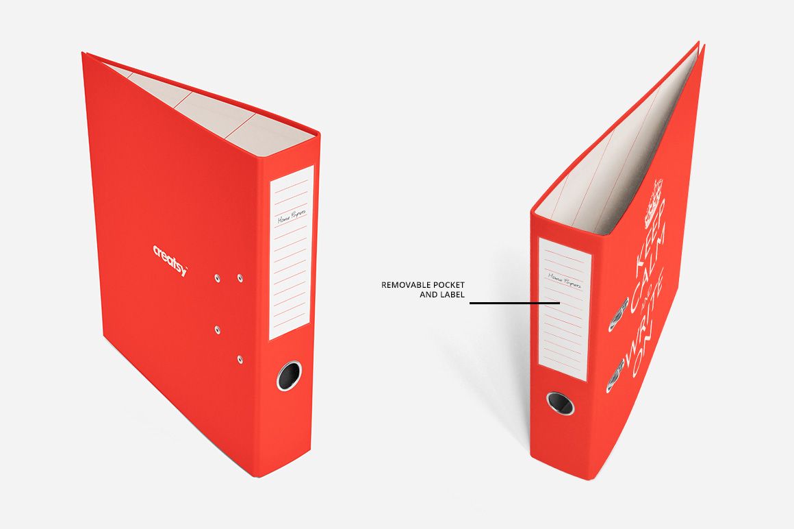 Binder mockup featuring two red stationery binders, one open and one closed, with white labels and neutral backdrop.
