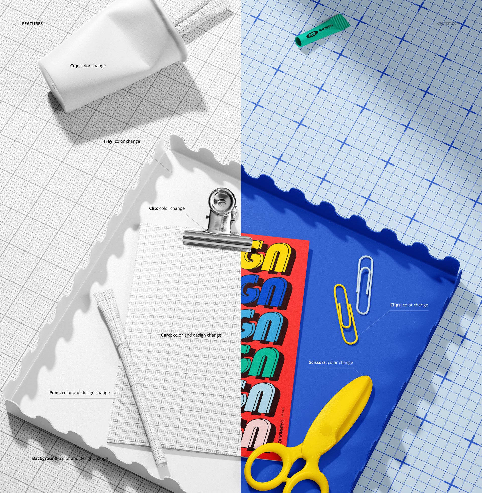 Back to school greeting card mockup displayed on white and blue trays with various colorful stationery items.