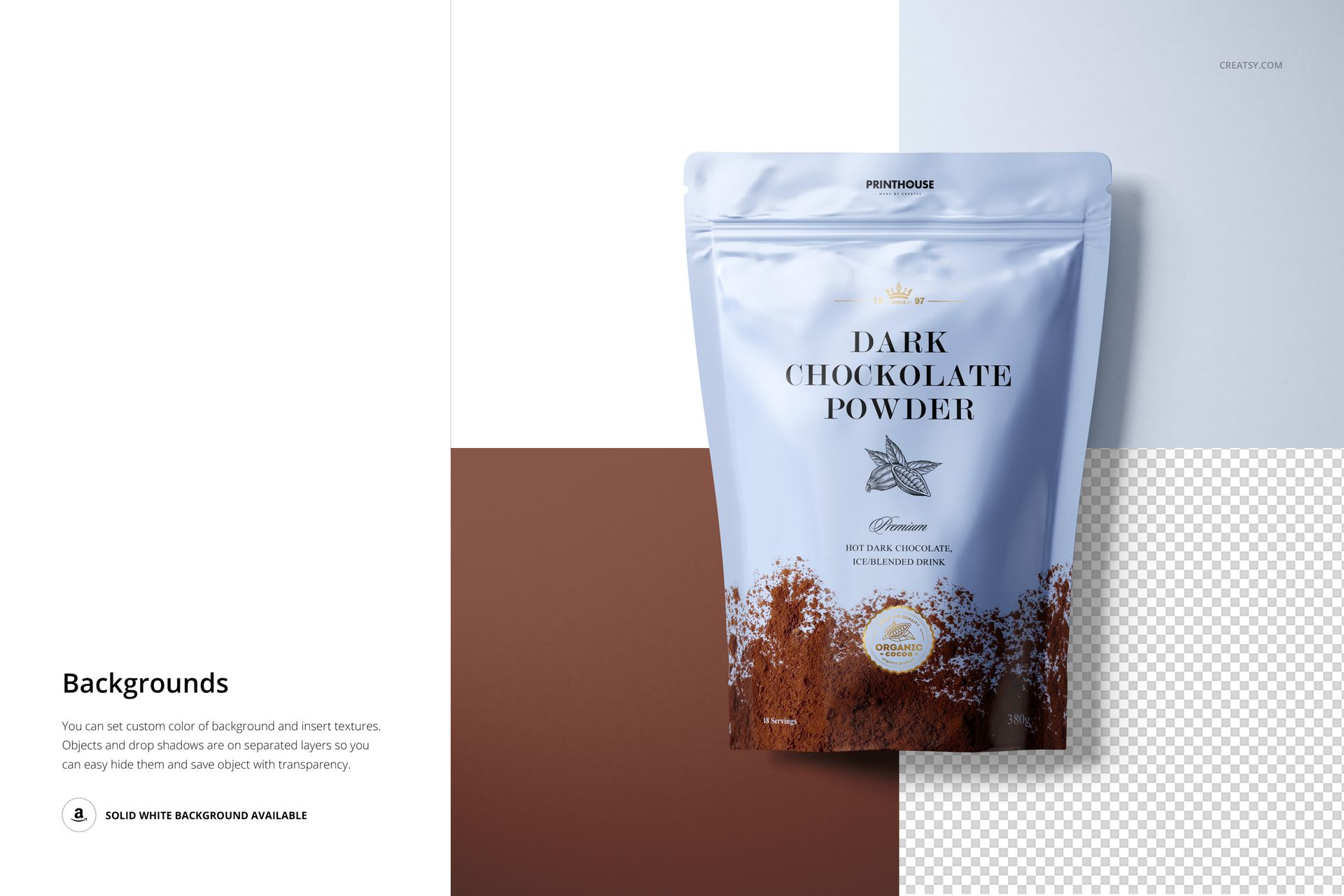 Mockup of a glossy stand up pouch with chocolate-themed print, positioned upright with white, brown, and transparent backgrounds.