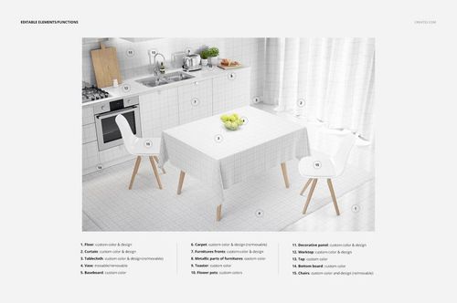 Kitchen Creator PSD mockup featuring a minimalist kitchen with grid-pattern textiles, table, chairs, and fruit centerpiece.