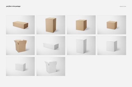 Set of moving box mockups showing various cardboard and white boxes in different sizes and angles on a plain background.