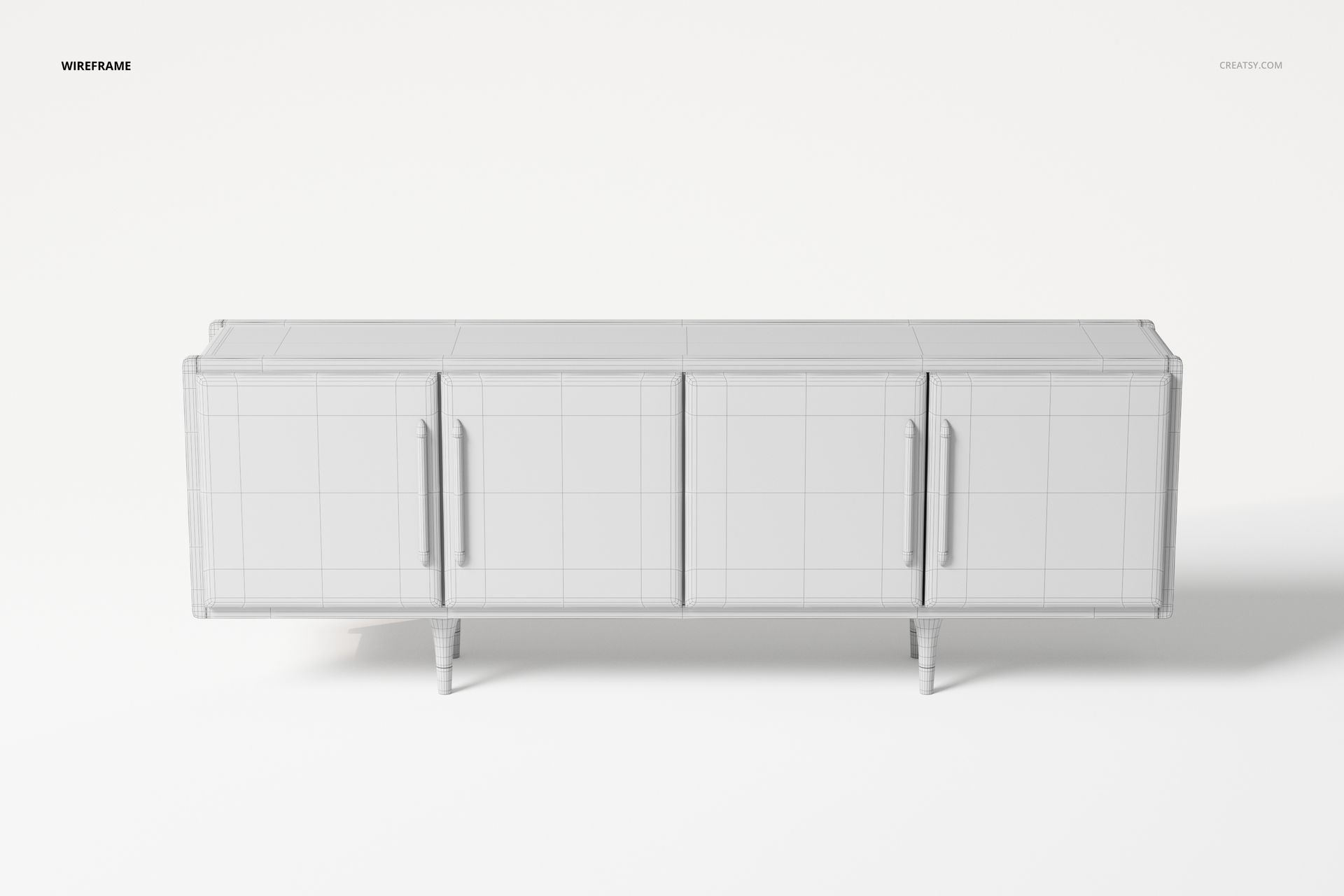 Front view of a modern classic style sideboard 3D model in white wireframe, placed on a plain white background.