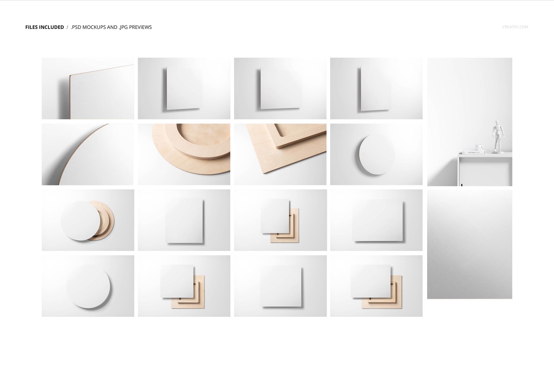 Assorted plywood wall art mockup set featuring square, circular, and rectangular shapes on white backgrounds.