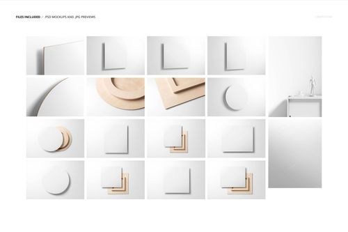 Assorted plywood wall art mockup set featuring square, circular, and rectangular shapes on white backgrounds.