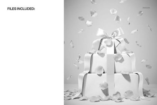 Monochrome PSD mockup featuring a pile of gift boxes with bows, rose petals falling and scattered around the packages.
