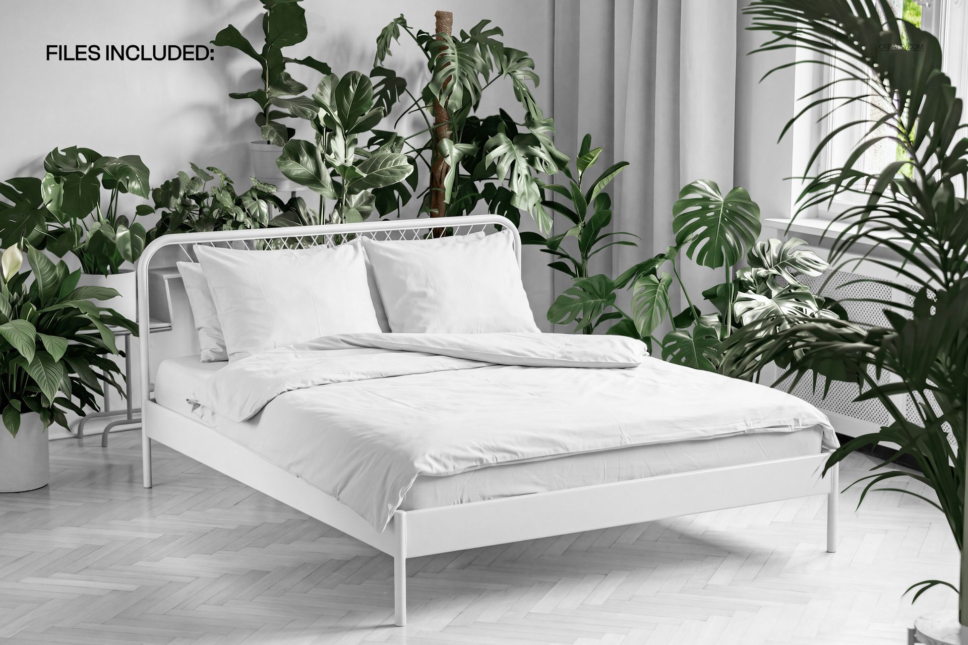 Minimalist bedding set mockup with crisp white sheets and pillows, placed among various indoor plants, front perspective.