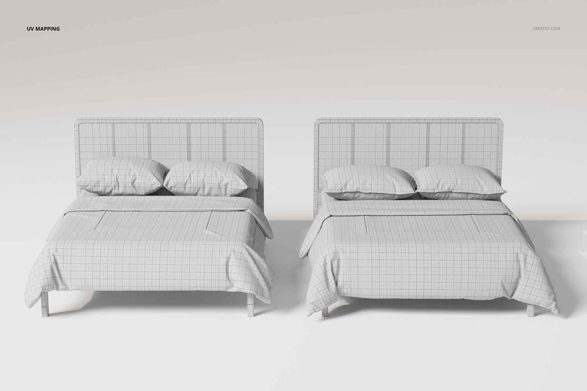 Rattan Headboard Beds with 2 Different Bedding Sets 3D Model - mockup screenshot 4