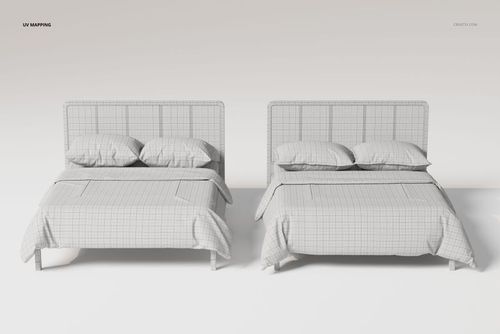 Front view of two rattan headboard beds with different bedding sets, featuring grid patterns on white linens.
